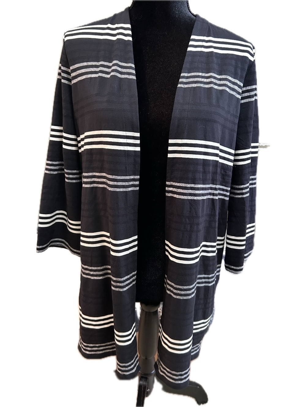 J Jill Wearever Collection Cardigan Small Black White Striped Open Front Jacket